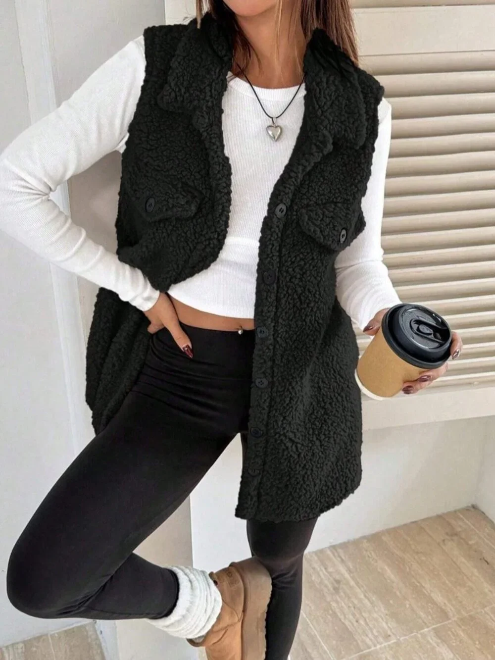 Black Casual Women's Long Teddy Vest